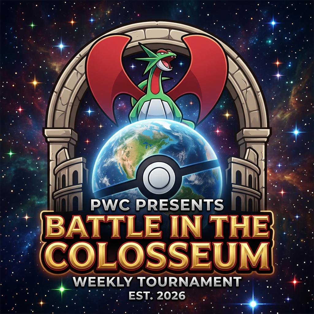 A green dragon with orange wings sits atop a planet resembling a Poké Ball. The text reads "Pokémon World Colosseum" against a cosmic starry backdrop.