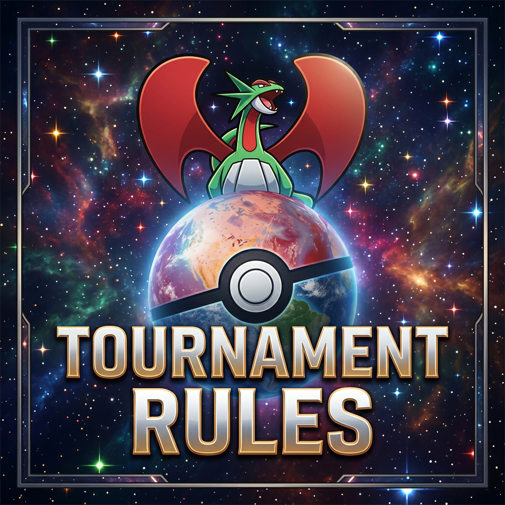 A dragon-like creature sits atop a giant Poké Ball against a cosmic backdrop. Text reads "Pokémon World Colosseum Rules." The scene conveys excitement.